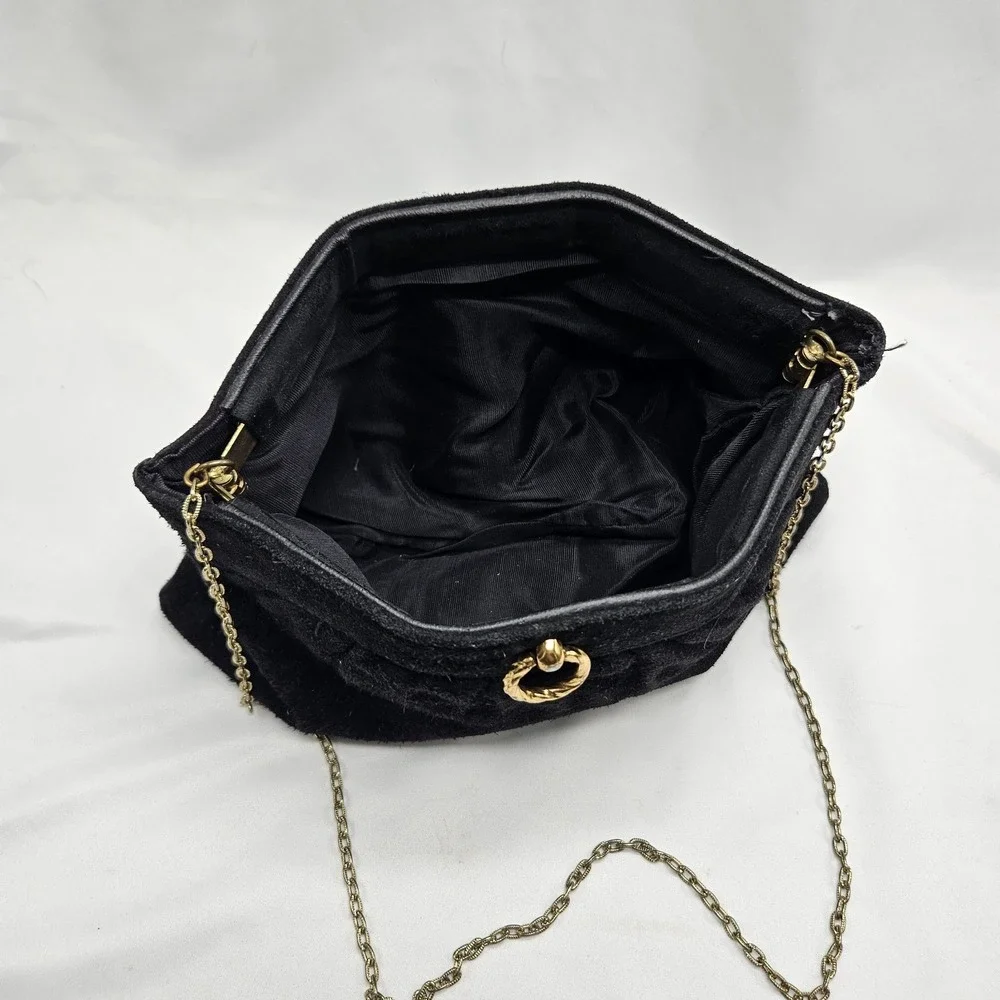 Vintage 90s Sueded Hinged Frame Clutch Oyster‎ Clam Purse Handbag Chain Strap